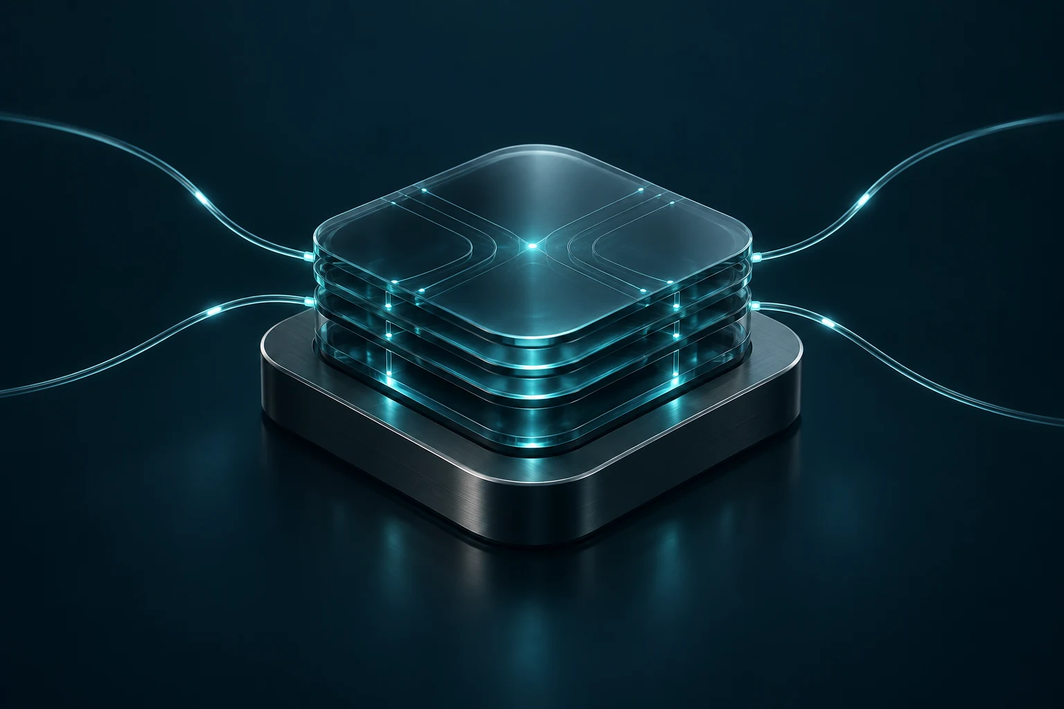 Conceptual Switchboard hub of layered smoked glass with cyan connections.